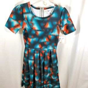 LulaRoe Amelia Dress Size XXS Teal Diamond Print Pleaded Pockets Skater Dress